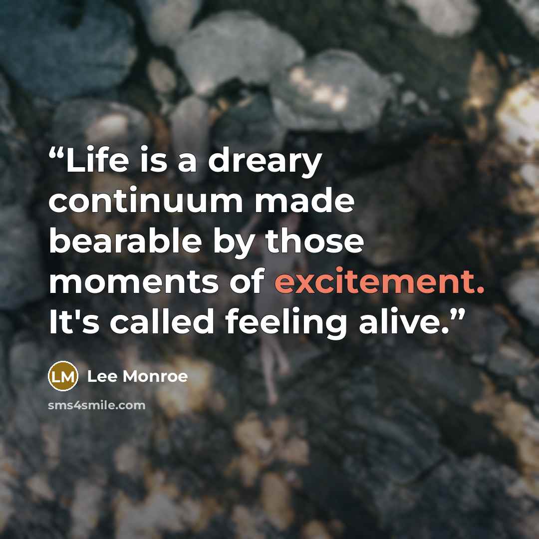 “Life is a dreary continuum made bearable by those moments of excitement. It's called feeling alive.” quote by Lee Monroe