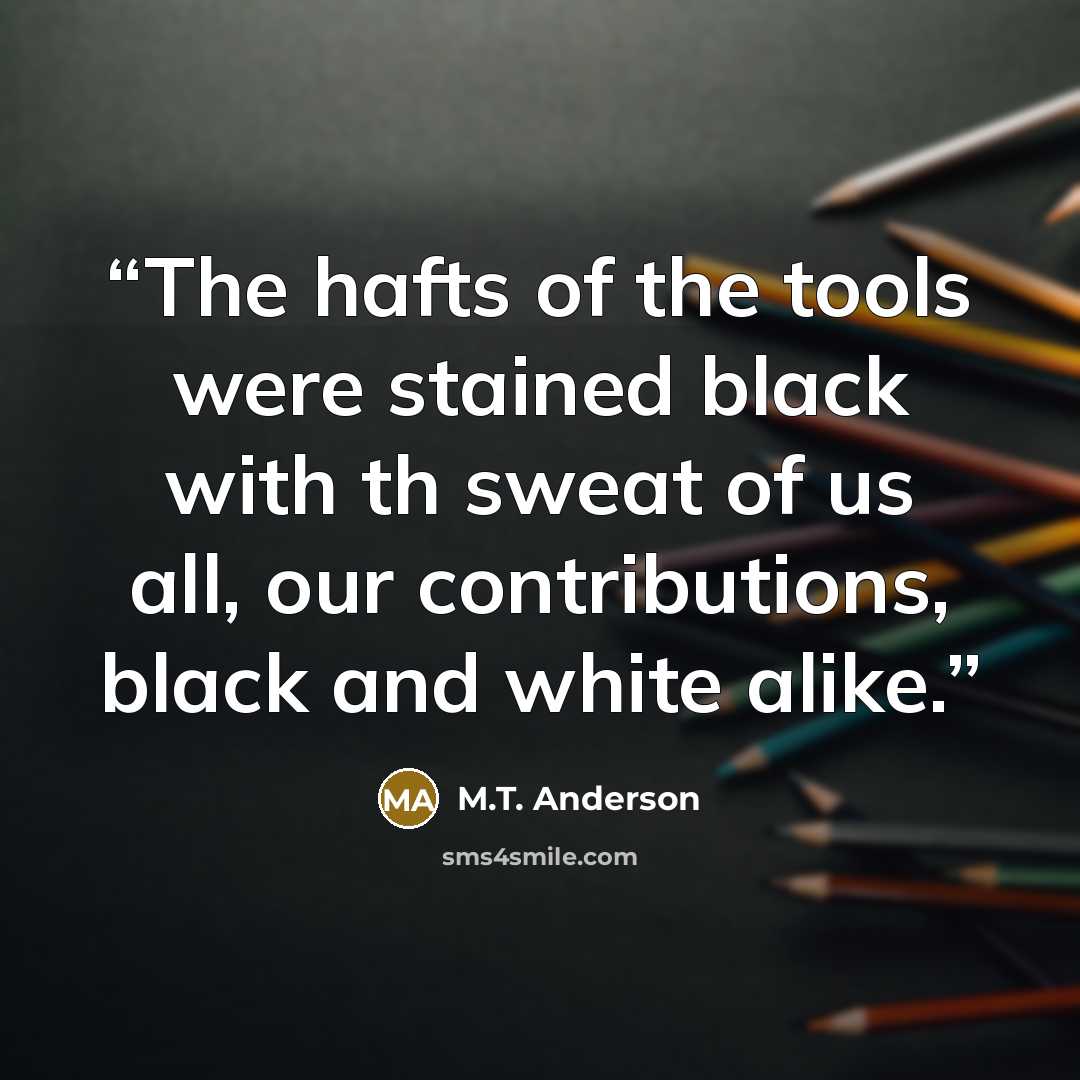 “The hafts of the tools were stained black with th sweat of us all, our contributions, black and white alike.” quote by M.T. Anderson