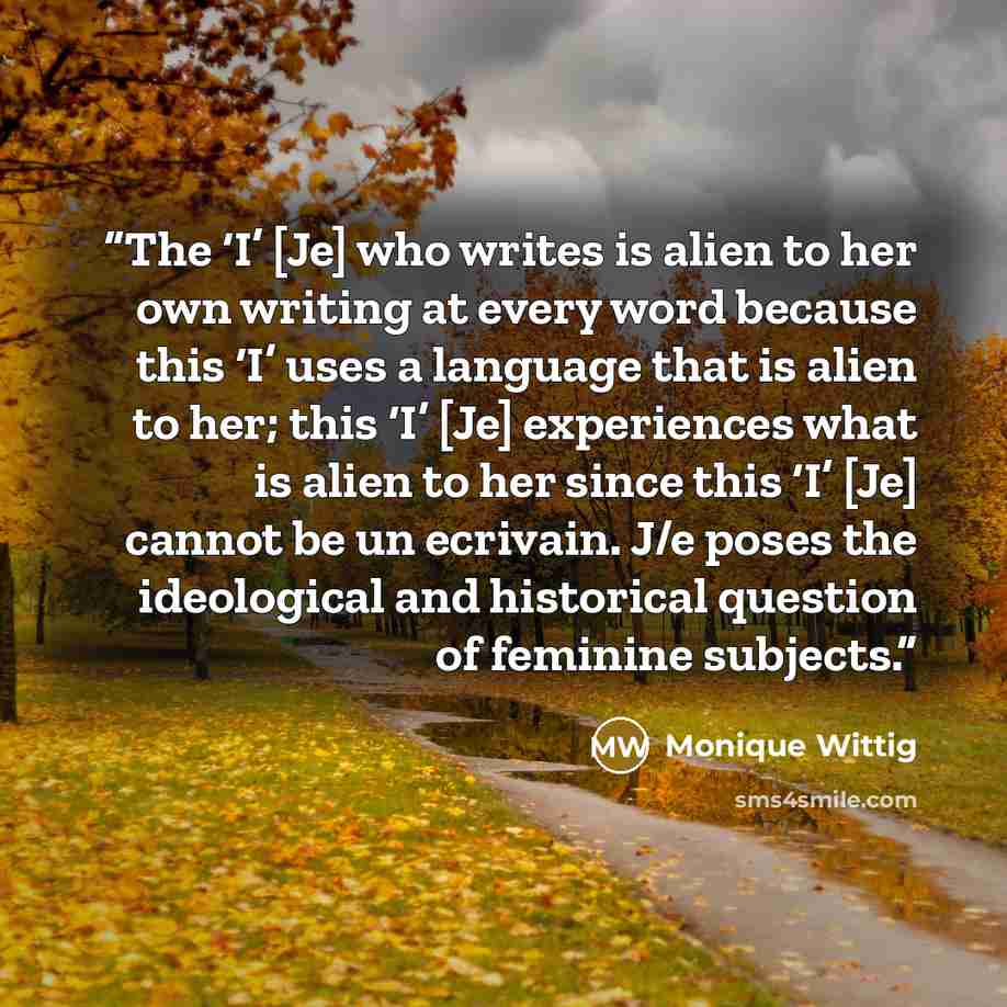 “The ‘I’ [Je] who writes is alien to her own writing at every word because this ‘I’ uses a language that is alien to her; this ‘I’ [Je] experiences what is alien to her since this ‘I’ [Je] cannot be un ecrivain. J/e poses the ideological and historical question of feminine subjects.” quote by Monique Wittig