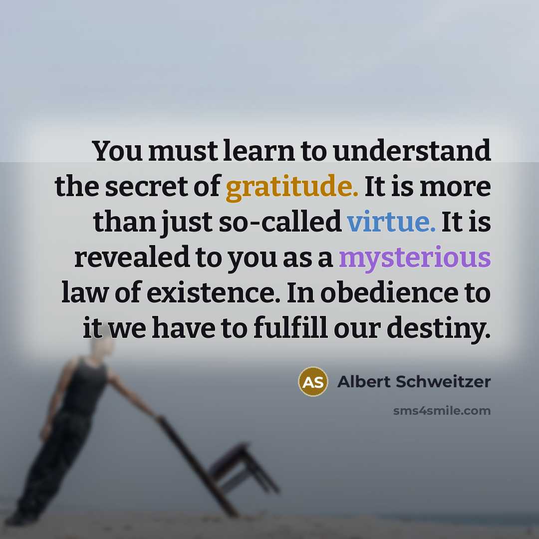 “You must learn to understand the secret of gratitude. It is more than just so-called virtue. It is revealed to you as a mysterious law of existence. In obedience to it we have to fulfill our destiny.” quote by Albert Schweitzer