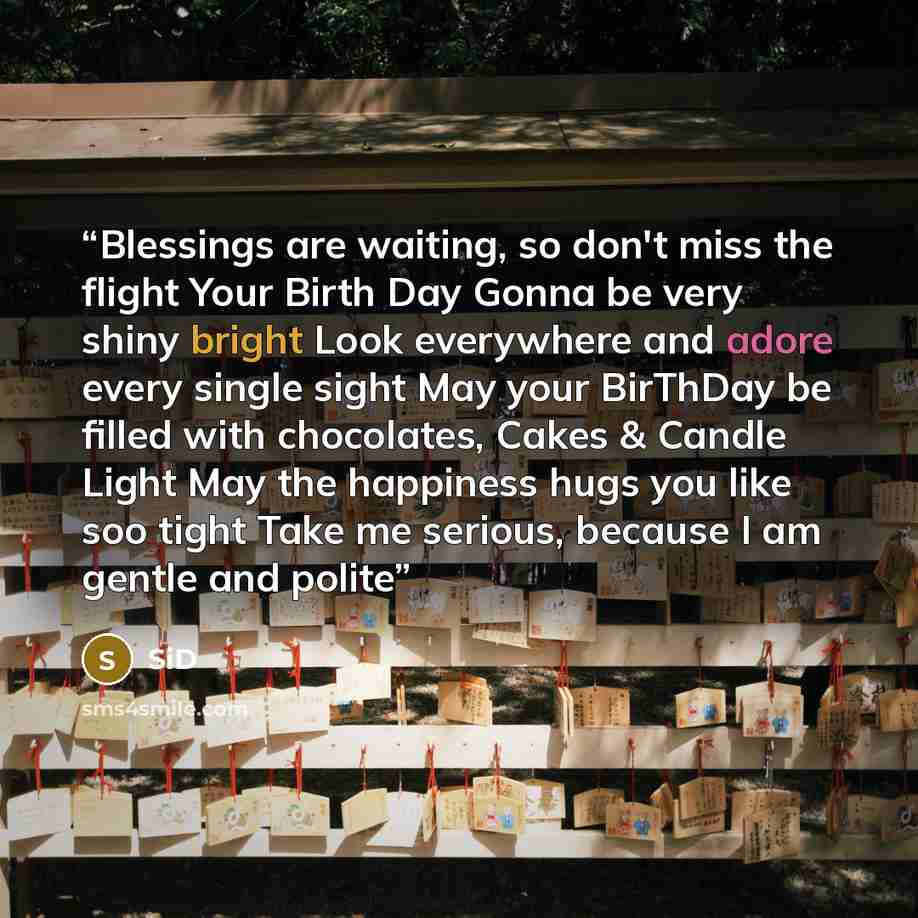 “Blessings are waiting, so don't miss the flight Your Birth Day Gonna be very shiny bright Look everywhere and adore every single sight May your BirThDay be filled with chocolates, Cakes & Candle Light May the happiness hugs you like soo tight Take me serious, because I am gentle and polite” quote by SiD
