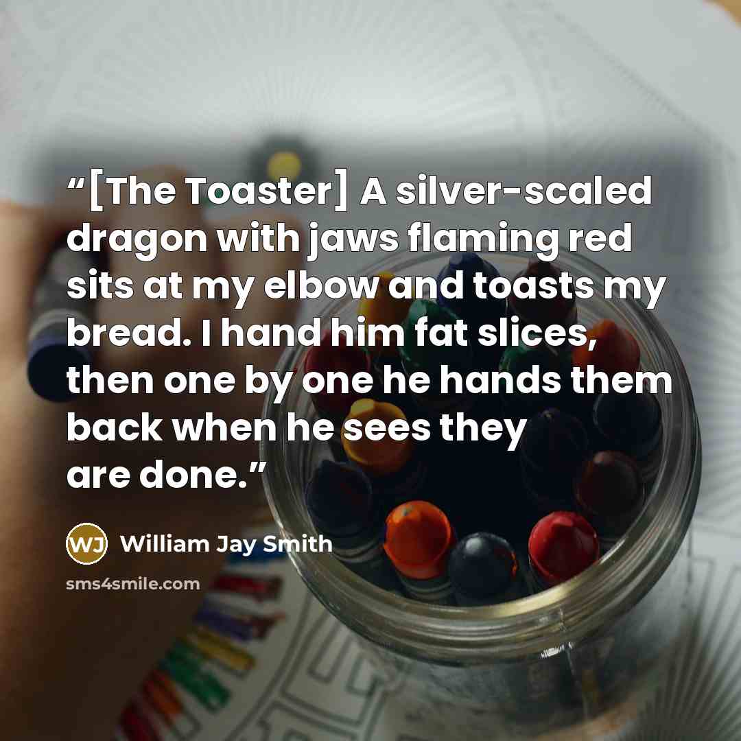 “[The Toaster] A silver-scaled dragon with jaws flaming red sits at my elbow and toasts my bread. I hand him fat slices, then one by one he hands them back when he sees they are done.” quote by William Jay Smith