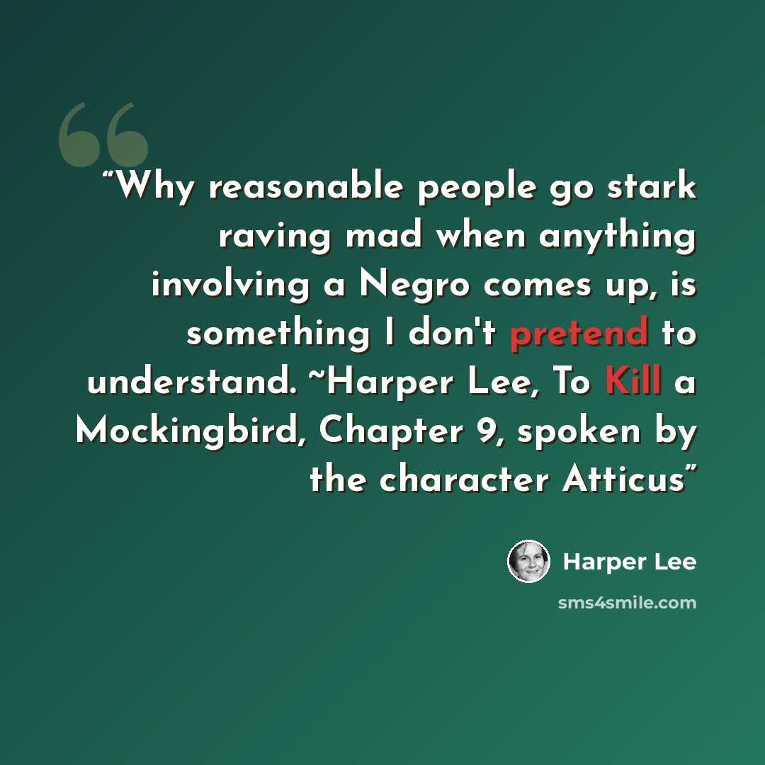 “Why reasonable people go stark raving mad when anything involving a Negro comes up, is something I don't pretend to understand. ~Harper Lee, To Kill a Mockingbird, Chapter 9, spoken by the character Atticus” quote by Harper Lee