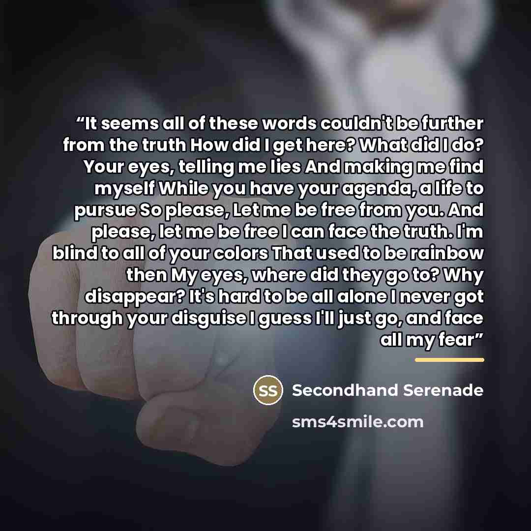 “It seems all of these words couldn't be further from the truth How did I get here? What did I do? Your eyes, telling me lies And making me find myself While you have your agenda, a life to pursue So please, Let me be free from you. And please, let me be free I can face the truth. I'm blind to all…” quote by Secondhand Serenade