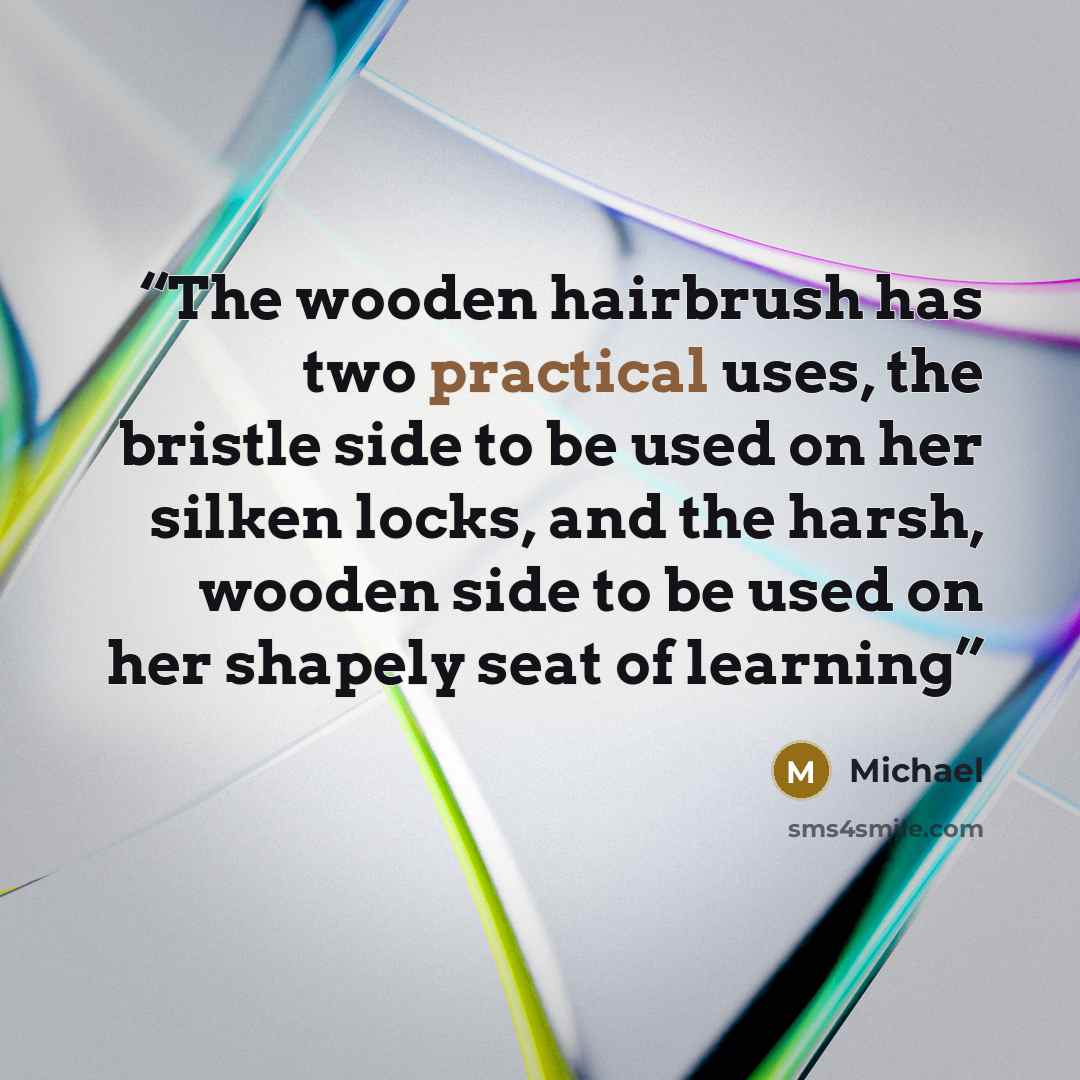 “The wooden hairbrush has two practical uses, the bristle side to be used on her silken locks, and the harsh, wooden side to be used on her shapely seat of learning” quote by Michael