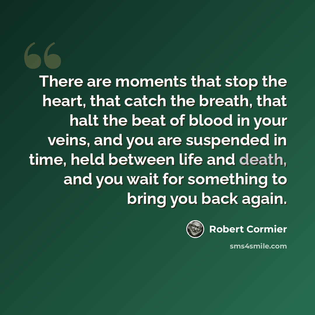 “There are moments that stop the heart, that catch the breath, that halt the beat of blood in your veins, and you are suspended in time, held between life and death, and you wait for something to bring you back again.” quote by Robert Cormier