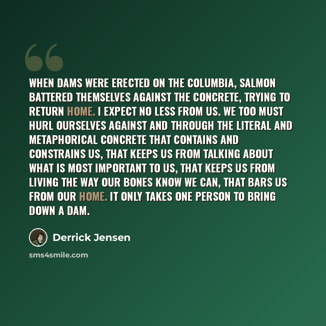 “When dams were erected on the Columbia, salmon battered themselves against the concrete, trying to return home. I expect no less from us. We too must hurl ourselves against and through the literal and metaphorical concrete that contains and constrains us, that keeps us from talking about what is…” quote by Derrick Jensen