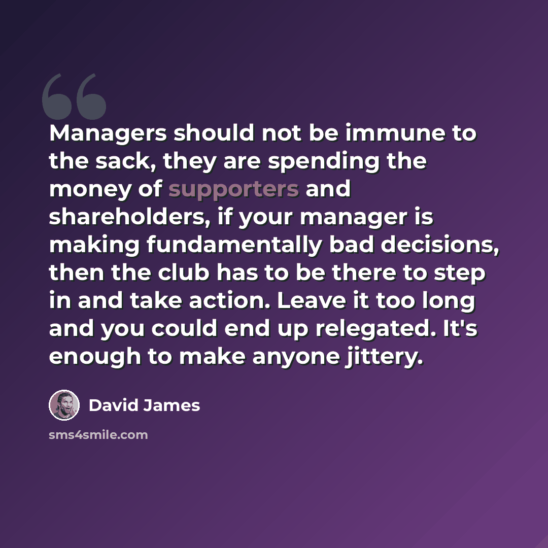 “Managers should not be immune to the sack, they are spending the money of supporters and shareholders, if your manager is making fundamentally bad decisions, then the club has to be there to step in and take action. Leave it too long and you could end up relegated. It's enough to make anyone…” quote by David James