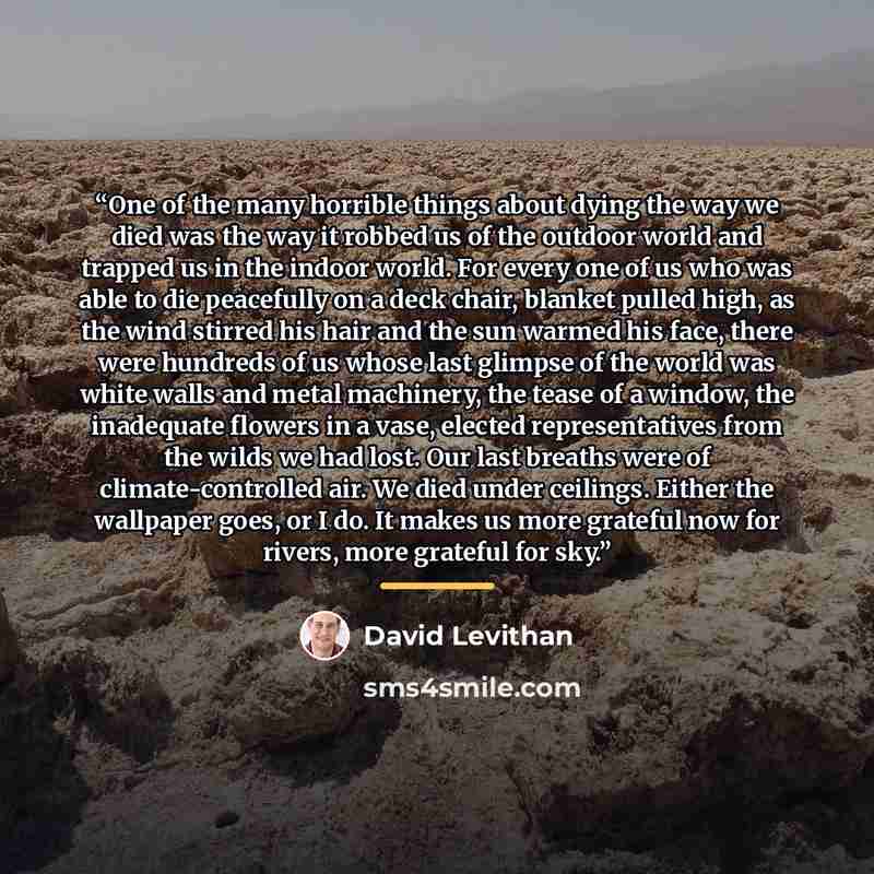 “One of the many horrible things about dying the way we died was the way it robbed us of the outdoor world and trapped us in the indoor world. For every one of us who was able to die peacefully on a deck chair, blanket pulled high, as the wind stirred his hair and the sun warmed his face, there…” quote by David Levithan