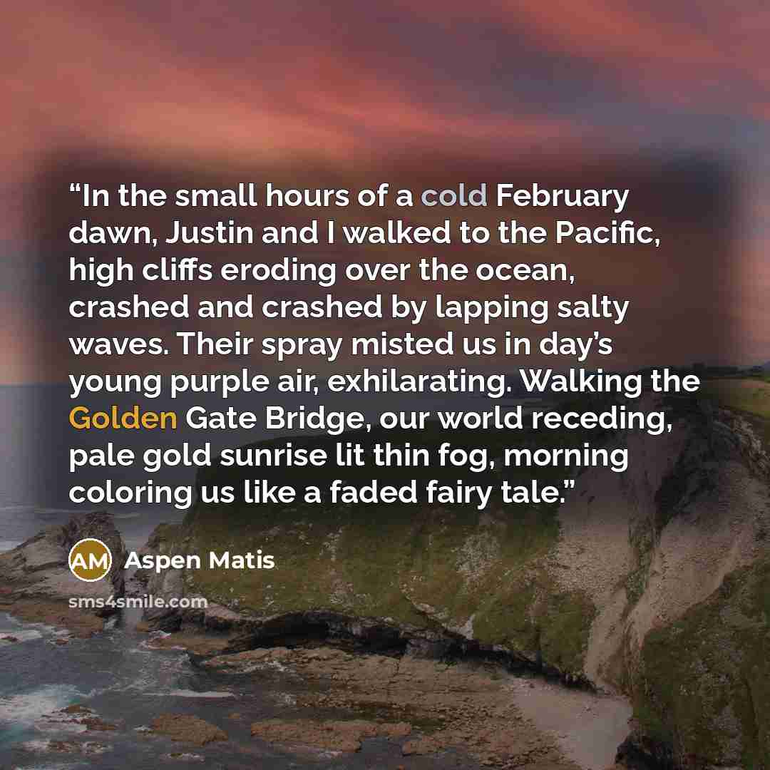 “In the small hours of a cold February dawn, Justin and I walked to the Pacific, high cliffs eroding over the ocean, crashed and crashed by lapping salty waves. Their spray misted us in day’s young purple air, exhilarating. Walking the Golden Gate Bridge, our world receding, pale gold sunrise lit…” quote by Aspen Matis