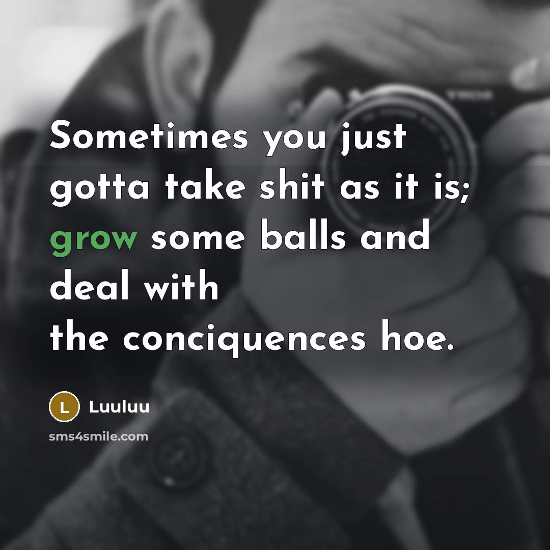 “Sometimes you just gotta take shit as it is; grow some balls and deal with the conciquences hoe.” quote by Luuluu