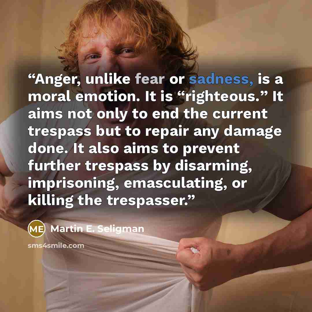 “Anger, unlike fear or sadness, is a moral emotion. It is “righteous.” It aims not only to end the current trespass but to repair any damage done. It also aims to prevent further trespass by disarming, imprisoning, emasculating, or killing the trespasser.” quote by Martin E. Seligman