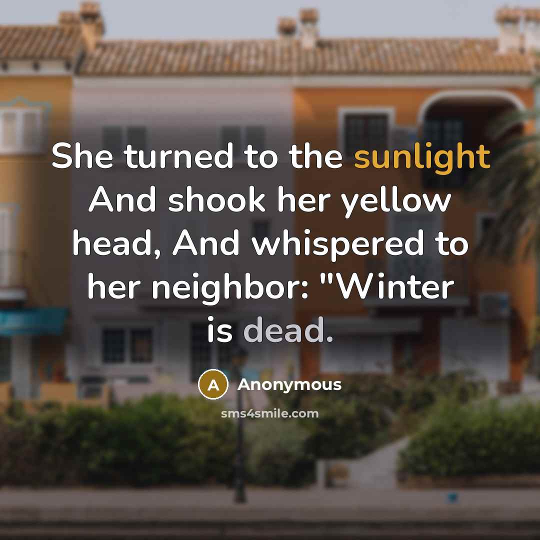 “She turned to the sunlight And shook her yellow head, And whispered to her neighbor: "Winter is dead.” quote by Anonymous