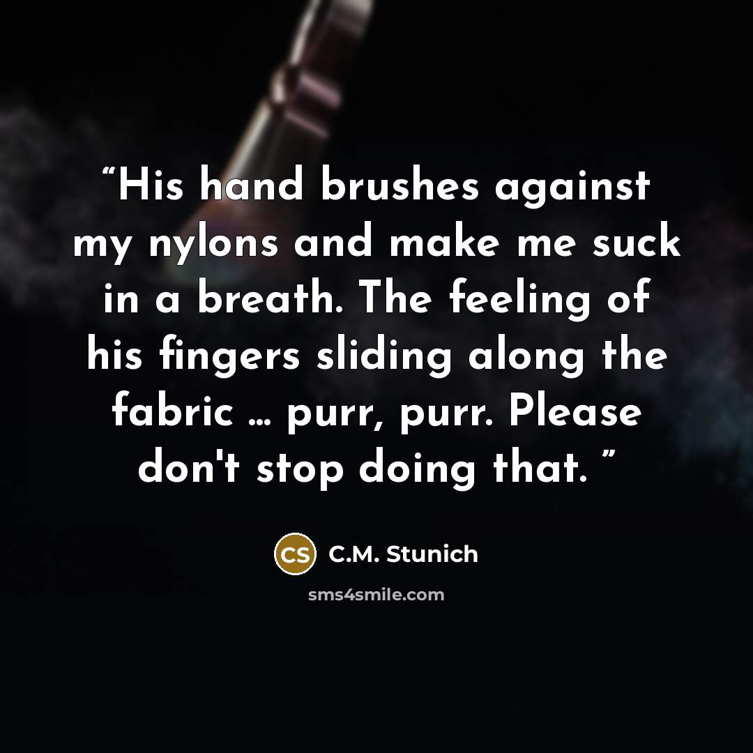 “His hand brushes against my nylons and make me suck in a breath. The feeling of his fingers sliding along the fabric ... purr, purr. Please don't stop doing that.” quote by C.M. Stunich