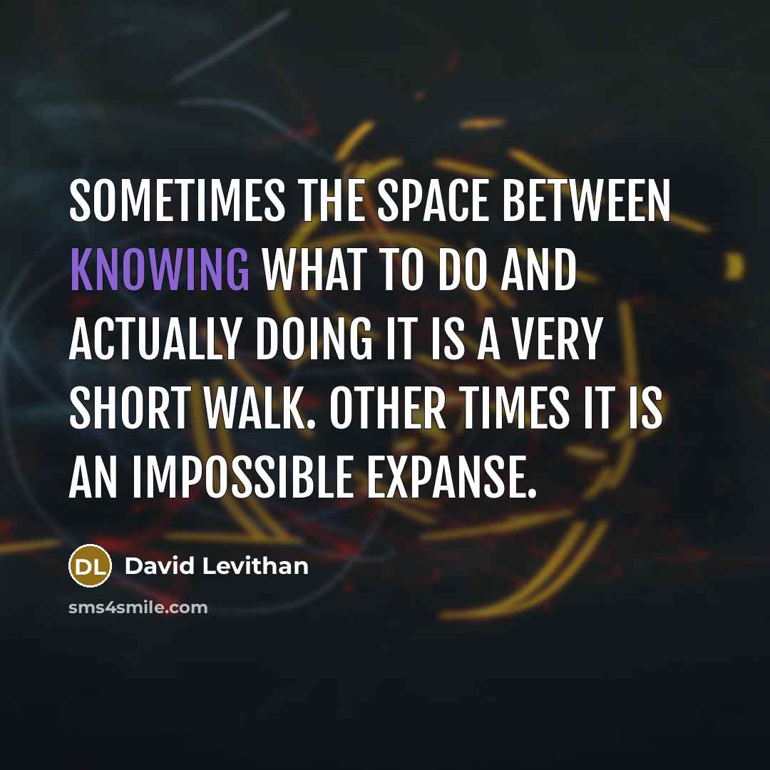 “Sometimes the space between knowing what to do and actually doing it is a very short walk. Other times it is an impossible expanse.” quote by David Levithan