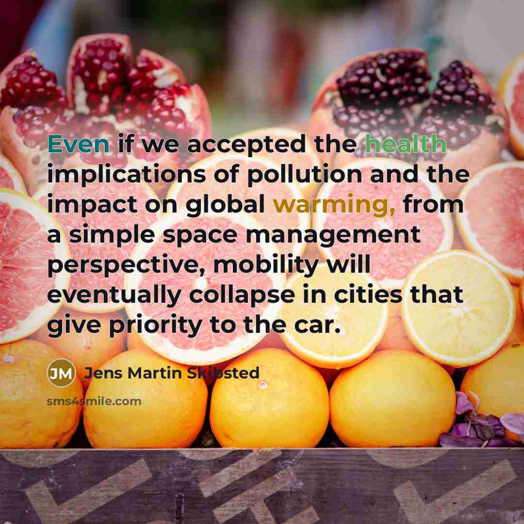 “Even if we accepted the health implications of pollution and the impact on global warming, from a simple space management perspective, mobility will eventually collapse in cities that give priority to the car.” quote by Jens Martin Skibsted