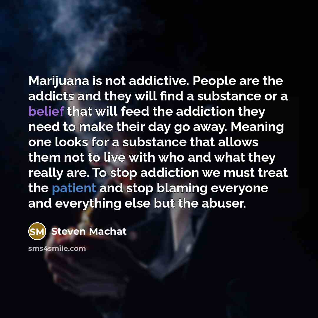 “Marijuana is not addictive. People are the addicts and they will find a substance or a belief that will feed the addiction they need to make their day go away. Meaning one looks for a substance that allows them not to live with who and what they really are. To stop addiction we must treat the…” quote by Steven Machat