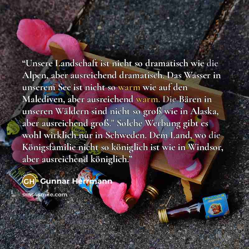 “Unsere Landschaft ist nicht so dramatisch wie die Alpen, aber ausreichend dramatisch. Das Wasser in unserem See ist nicht so warm wie auf den Malediven, aber ausreichend warm. Die Bären in unseren Wäldern sind nicht so groß wie in Alaska, aber ausreichend groß." Solche Werbung gibt es wohl…” quote by Gunnar Herrmann