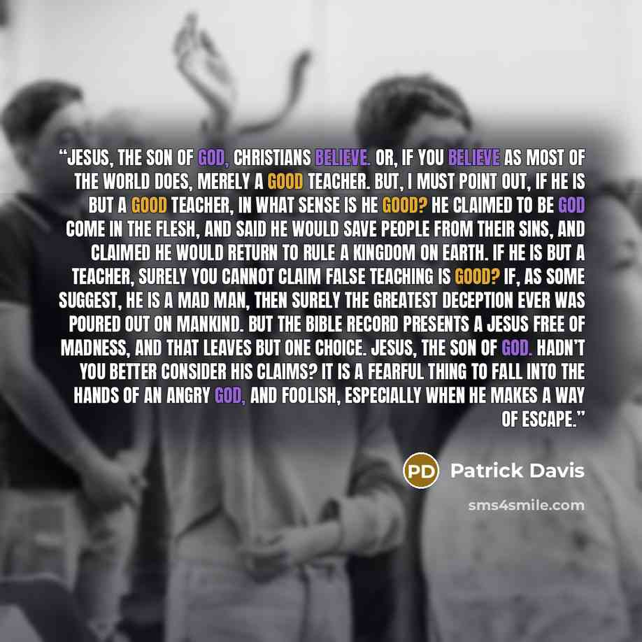 “Jesus, the son of God, Christians believe. Or, if you believe as most of the world does, merely a good teacher. But, I must point out, if he is but a good teacher, in what sense is he good? He claimed to be God come in the flesh, and said he would save people from their sins, and claimed he would…” quote by Patrick Davis