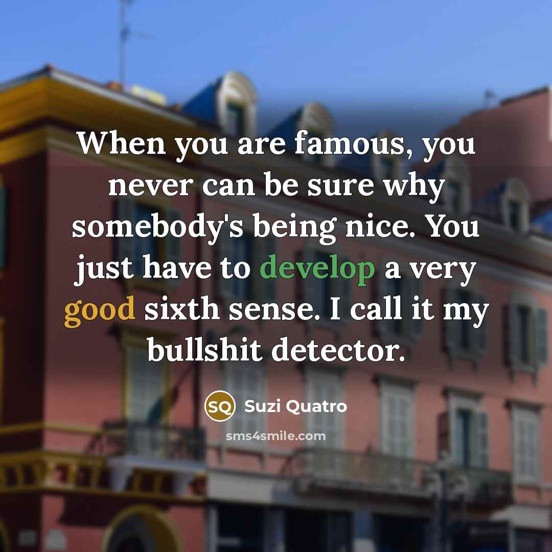 “When you are famous, you never can be sure why somebody's being nice. You just have to develop a very good sixth sense. I call it my bullshit detector.” quote by Suzi Quatro