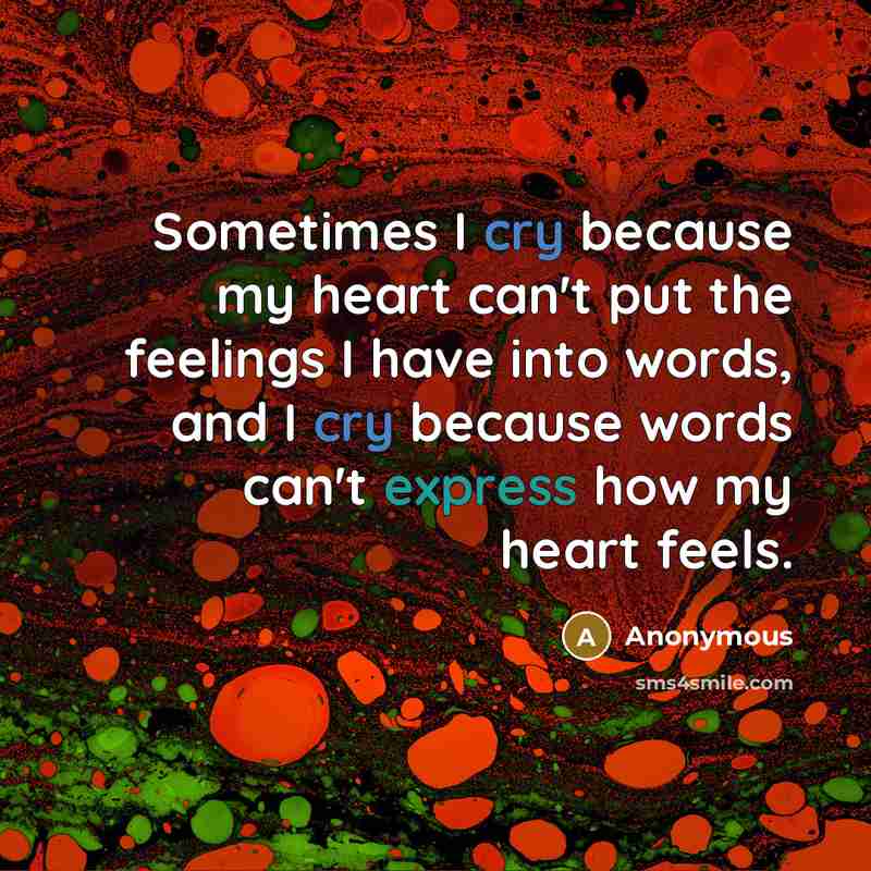 “Sometimes I cry because my heart can't put the feelings I have into words, and I cry because words can't express how my heart feels.” quote by Anonymous