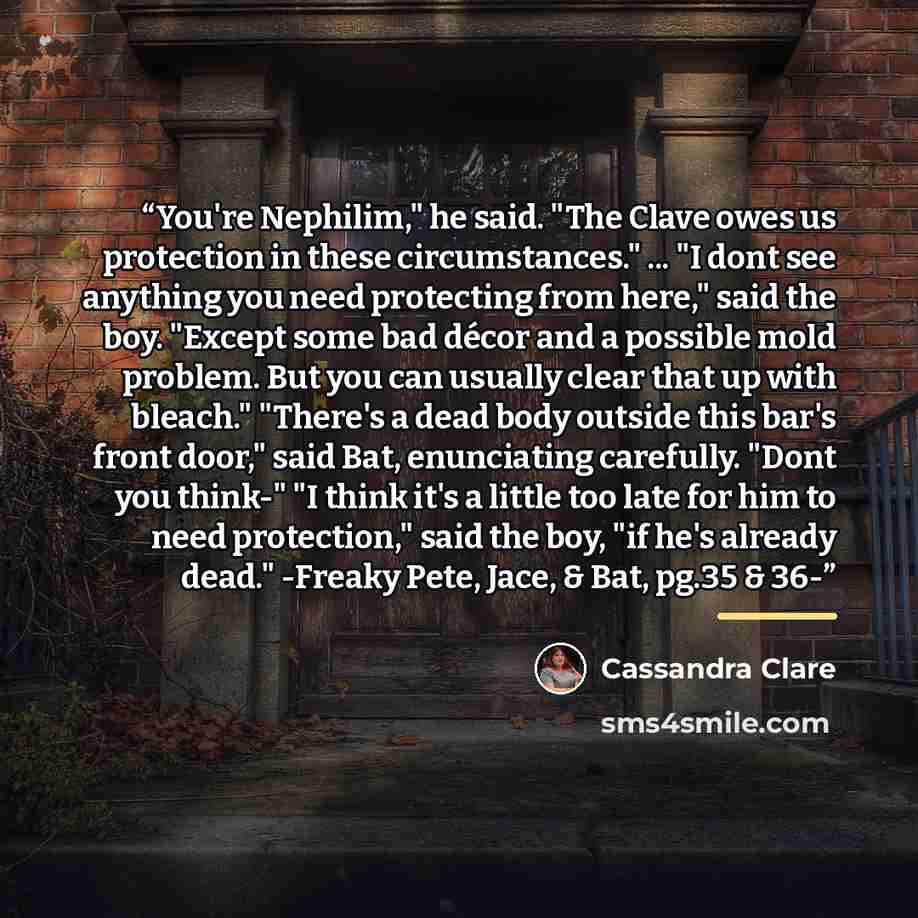“You're Nephilim," he said. "The Clave owes us protection in these circumstances." ... "I dont see anything you need protecting from here," said the boy. "Except some bad décor and a possible mold problem. But you can usually clear that up with bleach." "There's a dead body outside this bar's front…” quote by Cassandra Clare