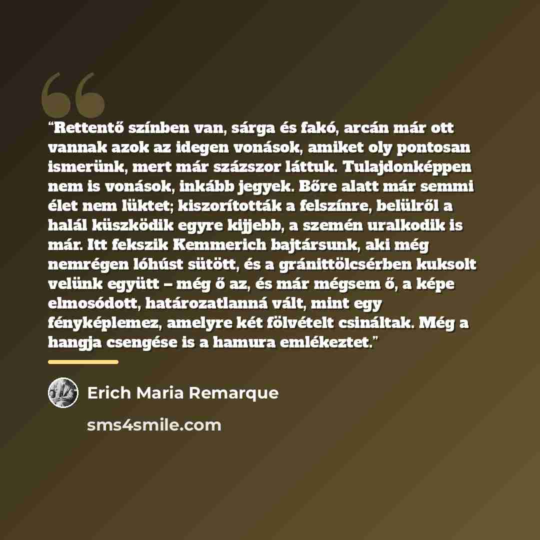 “Rettentő színben van, sárga és fakó, arcán már ott vannak azok az idegen vonások, amiket oly pontosan ismerünk, mert már százszor láttuk. Tulajdonképpen nem is vonások, inkább jegyek. Bőre alatt már semmi élet nem lüktet; kiszorították a felszínre, belülről a halál küszködik egyre kijjebb, a…” quote by Erich Maria Remarque