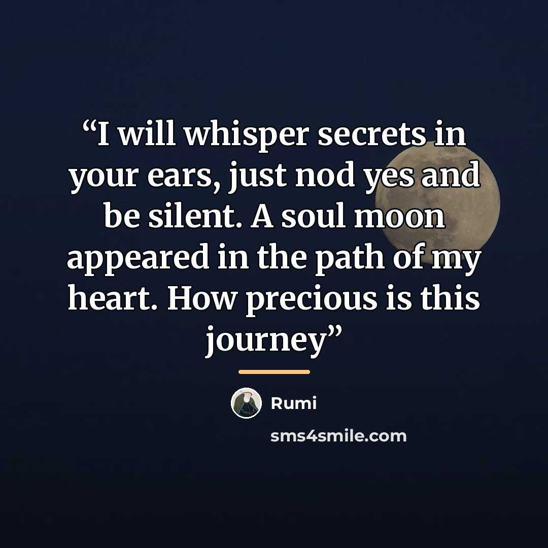 “I will whisper secrets in your ears, just nod yes and be silent. A soul moon appeared in the path of my heart. How precious is this journey” quote by Rumi