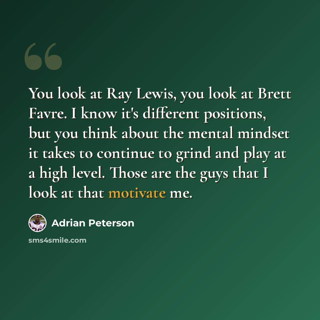“You look at Ray Lewis, you look at Brett Favre. I know it's different positions, but you think about the mental mindset it takes to continue to grind and play at a high level. Those are the guys that I look at that motivate me.” quote by Adrian Peterson