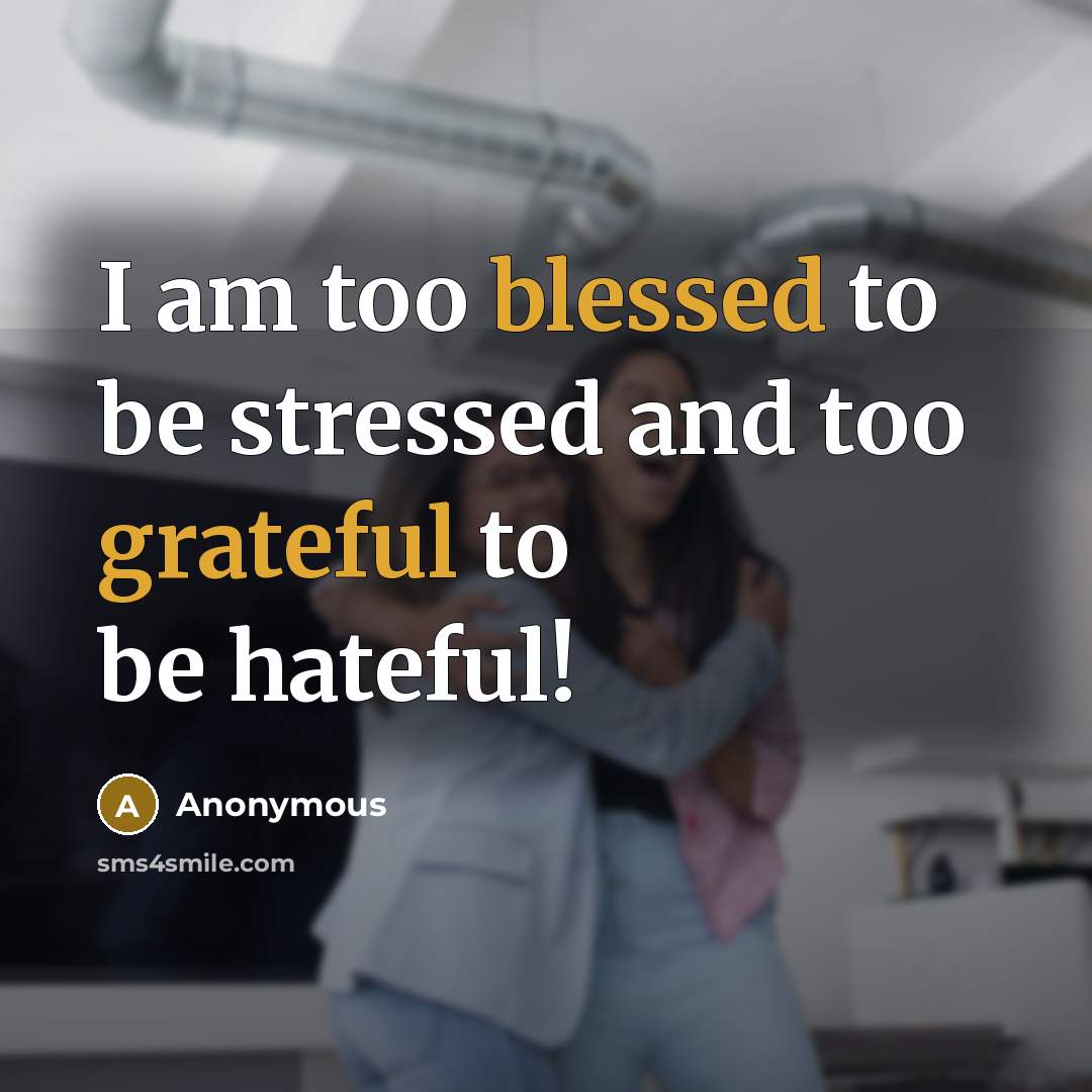“I am too blessed to be stressed and too grateful to be hateful!” quote by Anonymous