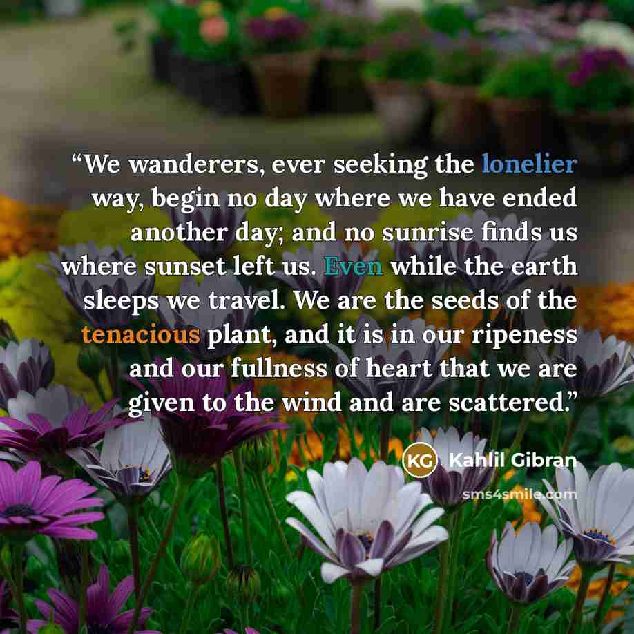 “We wanderers, ever seeking the lonelier way, begin no day where we have ended another day; and no sunrise finds us where sunset left us. Even while the earth sleeps we travel. We are the seeds of the tenacious plant, and it is in our ripeness and our fullness of heart that we are given to the wind…” quote by Kahlil Gibran