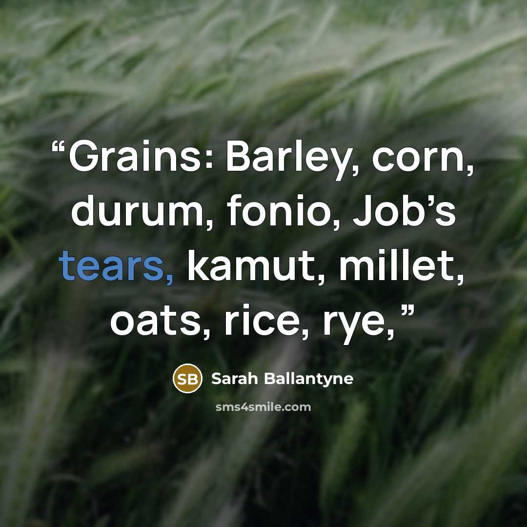 “Grains: Barley, corn, durum, fonio, Job’s tears, kamut, millet, oats, rice, rye,” quote by Sarah Ballantyne