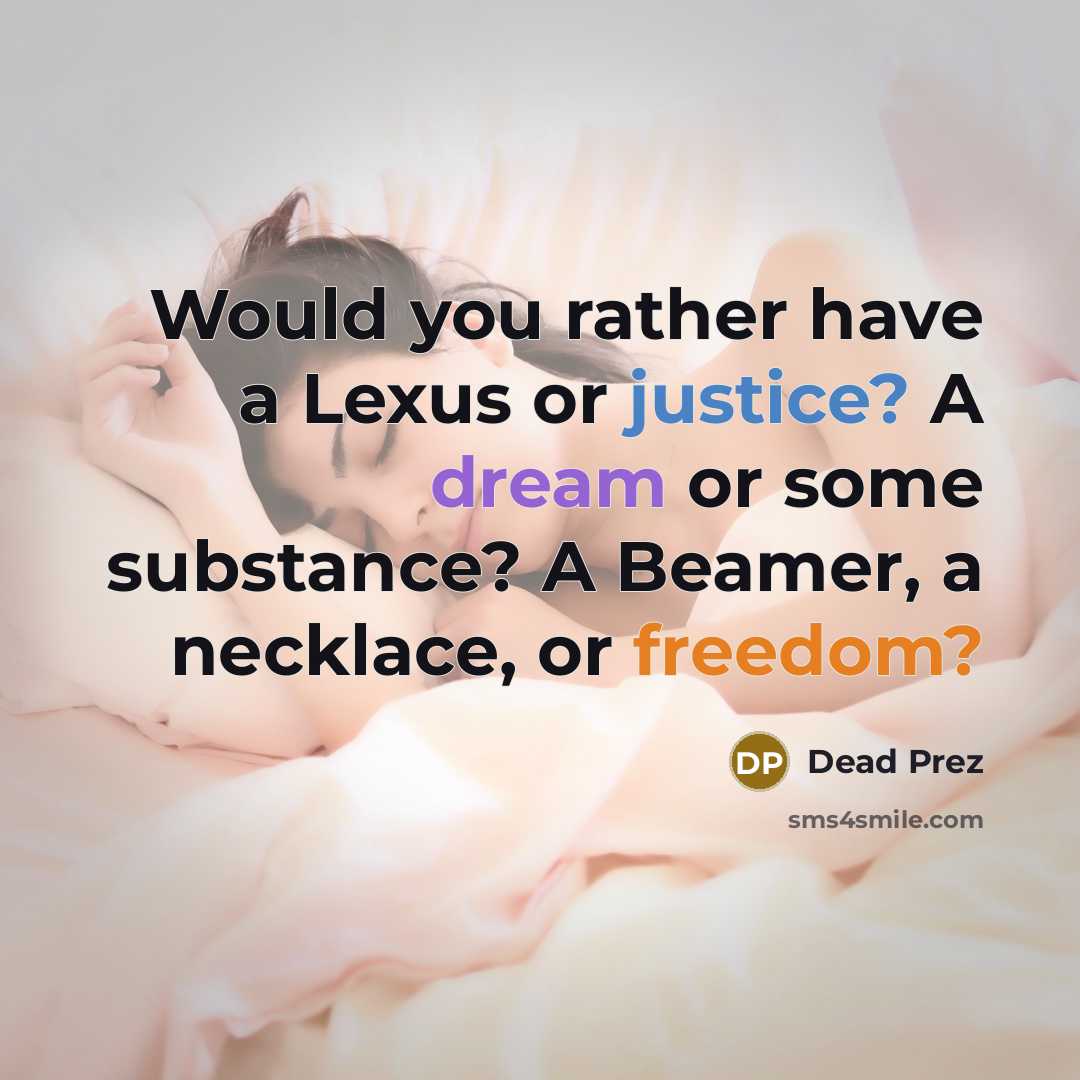 “Would you rather have a Lexus or justice? A dream or some substance? A Beamer, a necklace, or freedom?” quote by Dead Prez