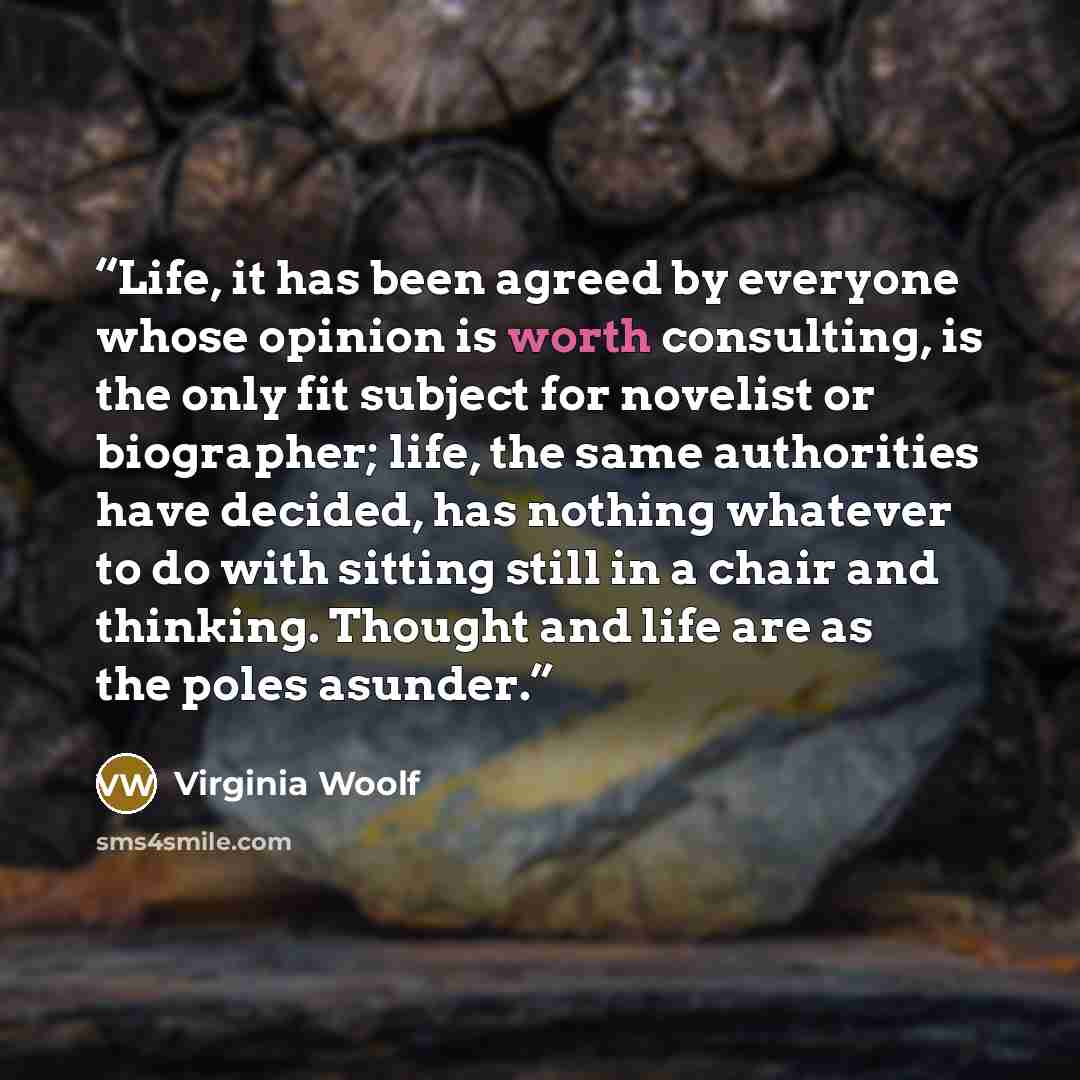 “Life, it has been agreed by everyone whose opinion is worth consulting, is the only fit subject for novelist or biographer; life, the same authorities have decided, has nothing whatever to do with sitting still in a chair and thinking. Thought and life are as the poles asunder.” quote by Virginia Woolf