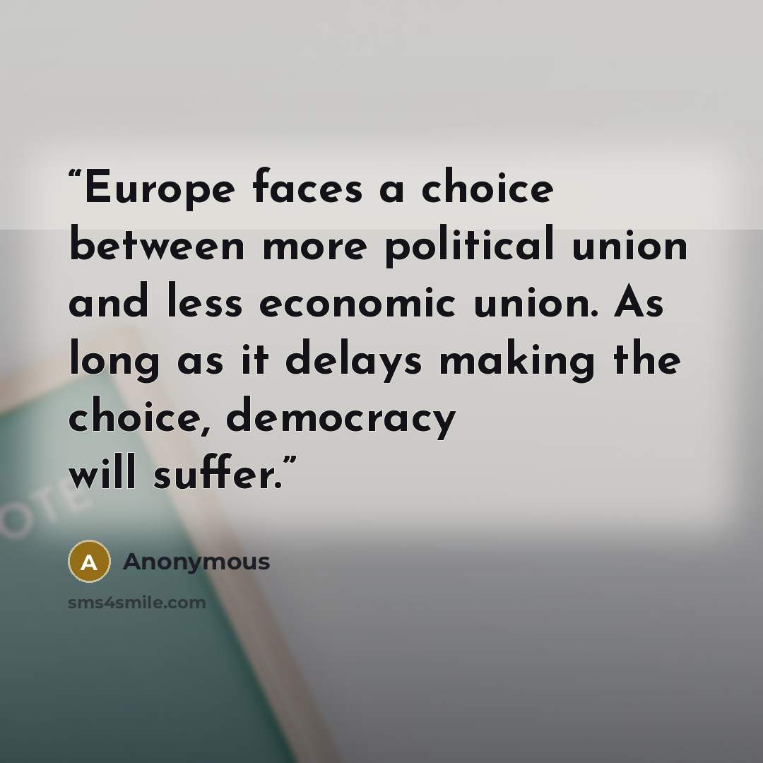 “Europe faces a choice between more political union and less economic union. As long as it delays making the choice, democracy will suffer.” quote by Anonymous