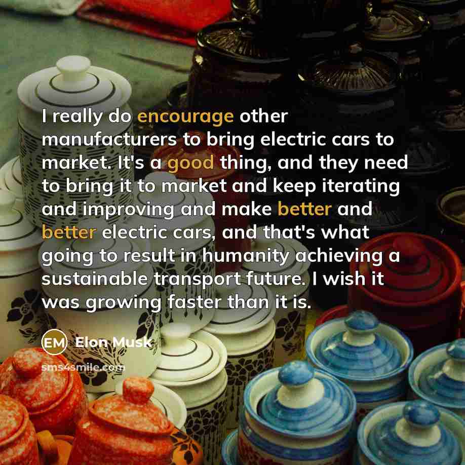 “I really do encourage other manufacturers to bring electric cars to market. It's a good thing, and they need to bring it to market and keep iterating and improving and make better and better electric cars, and that's what going to result in humanity achieving a sustainable transport future. I wish…” quote by Elon Musk