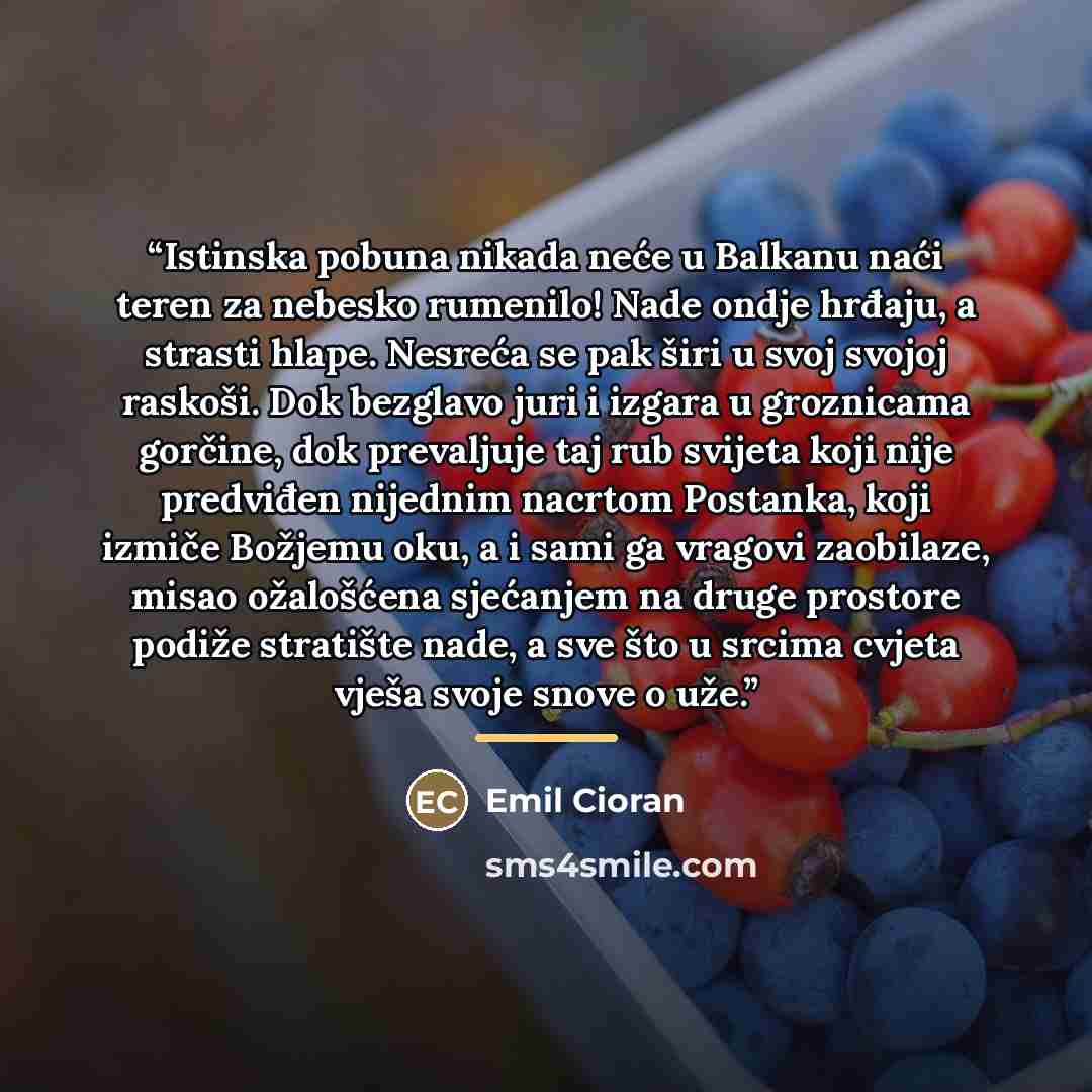 “Istinska pobuna nikada neće u Balkanu naći teren za nebesko rumenilo! Nade ondje hrđaju, a strasti hlape. Nesreća se pak širi u svoj svojoj raskoši. Dok bezglavo juri i izgara u groznicama gorčine, dok prevaljuje taj rub svijeta koji nije predviđen nijednim nacrtom Postanka, koji izmiče Božjemu…” quote by Emil Cioran