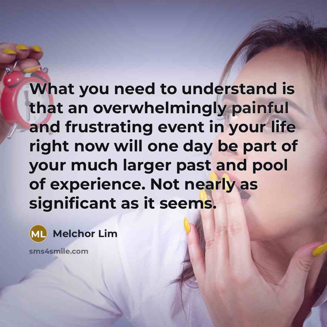 “What you need to understand is that an overwhelmingly painful and frustrating event in your life right now will one day be part of your much larger past and pool of experience. Not nearly as significant as it seems.” quote by Melchor Lim