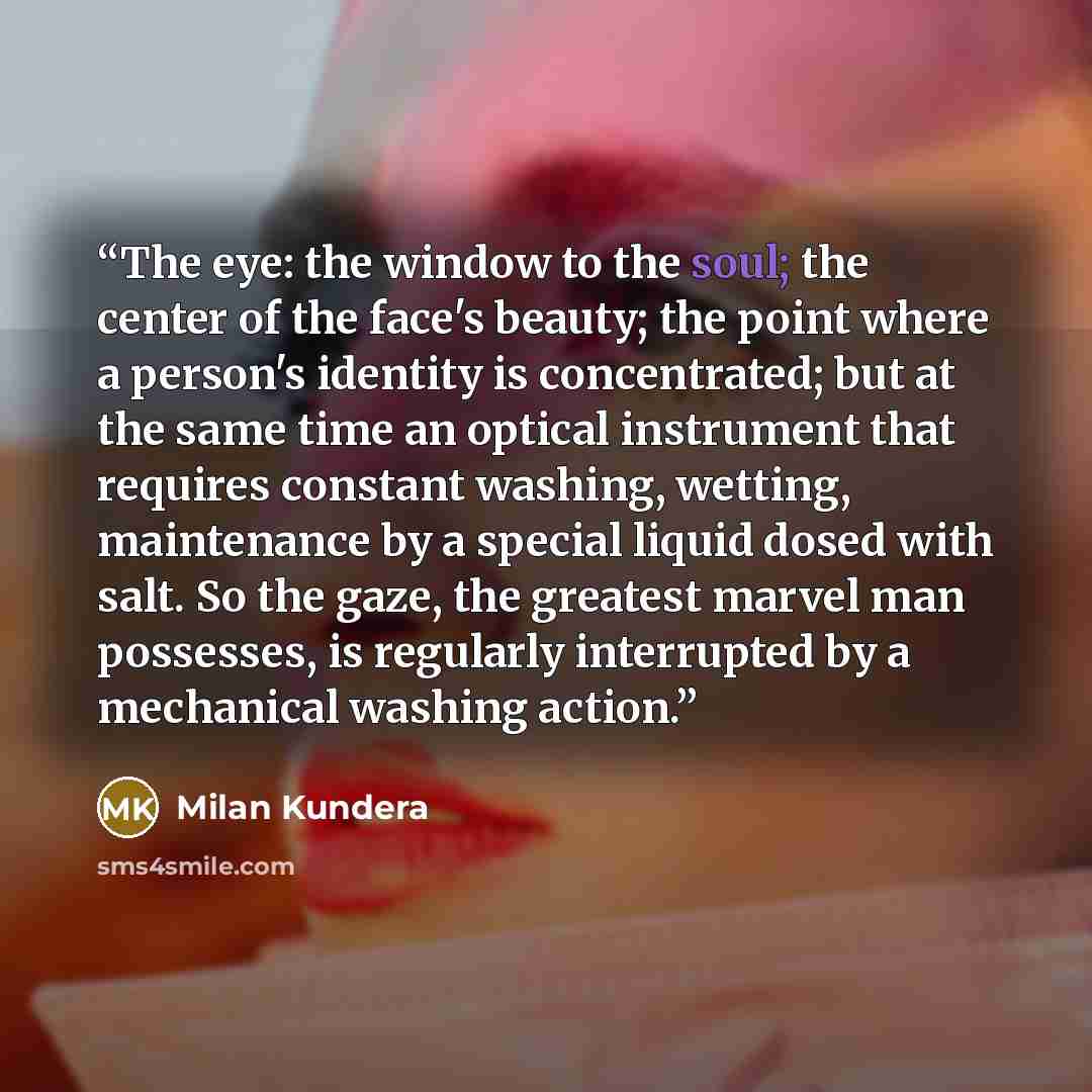 “The eye: the window to the soul; the center of the face's beauty; the point where a person's identity is concentrated; but at the same time an optical instrument that requires constant washing, wetting, maintenance by a special liquid dosed with salt. So the gaze, the greatest marvel man…” quote by Milan Kundera