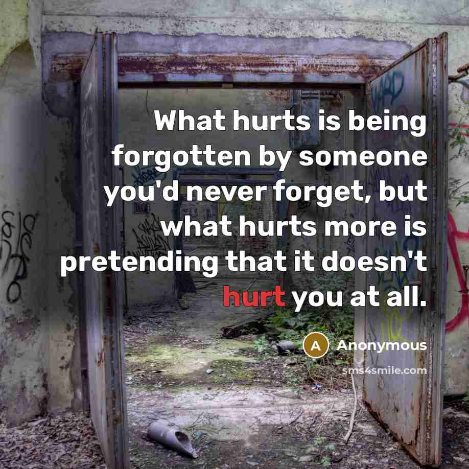 “What hurts is being forgotten by someone you'd never forget, but what hurts more is pretending that it doesn't hurt you at all.” quote by Anonymous