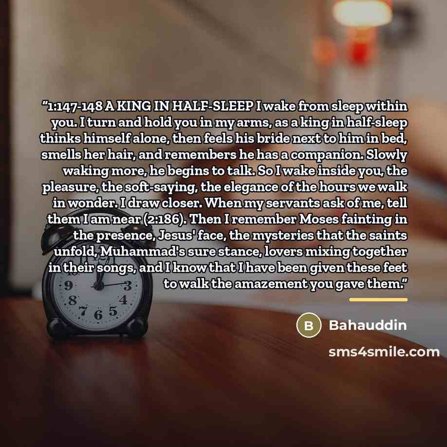 “1:147-148 A KING IN HALF-SLEEP I wake from sleep within you. I turn and hold you in my arms, as a king in half-sleep thinks himself alone, then feels his bride next to him in bed, smells her hair, and remembers he has a companion. Slowly waking more, he begins to talk. So I wake inside you, the…” quote by Bahauddin