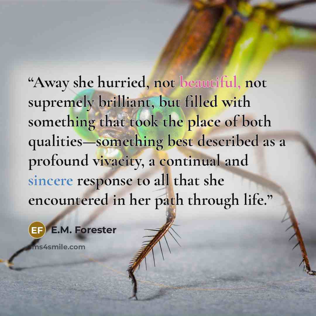 “Away she hurried, not beautiful, not supremely brilliant, but filled with something that took the place of both qualities—something best described as a profound vivacity, a continual and sincere response to all that she encountered in her path through life.” quote by E.M. Forester