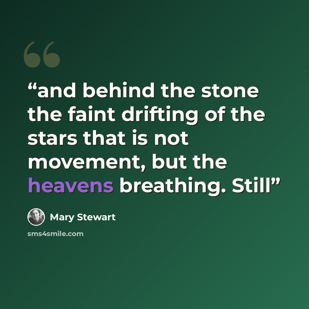 “and behind the stone the faint drifting of the stars that is not movement, but the heavens breathing. Still” quote by Mary Stewart
