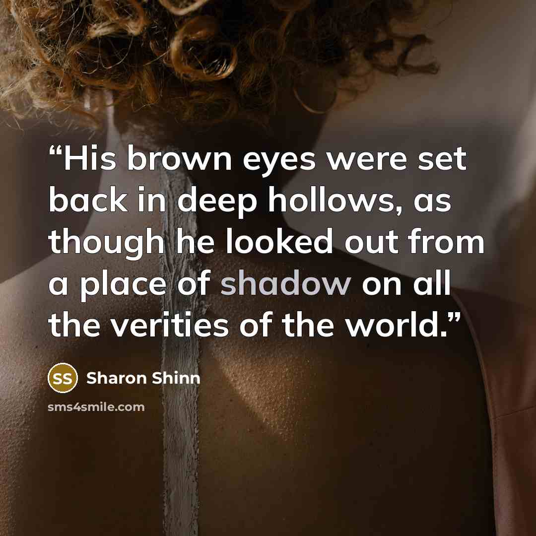 “His brown eyes were set back in deep hollows, as though he looked out from a place of shadow on all the verities of the world.” quote by Sharon Shinn