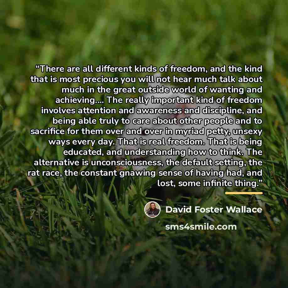 “There are all different kinds of freedom, and the kind that is most precious you will not hear much talk about much in the great outside world of wanting and achieving… The really important kind of freedom involves attention and awareness and discipline, and being able truly to care about other…” quote by David Foster Wallace
