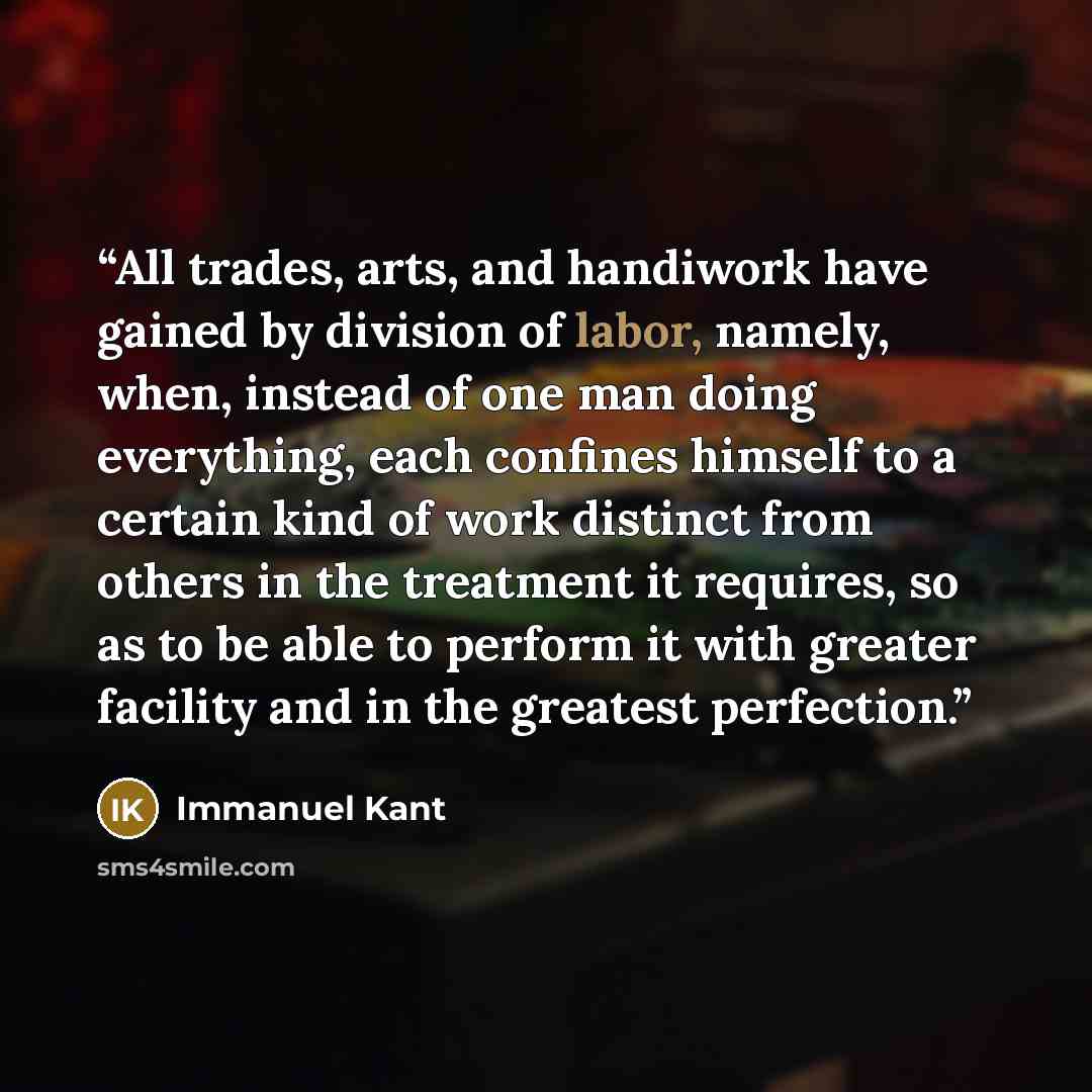 “All trades, arts, and handiwork have gained by division of labor, namely, when, instead of one man doing everything, each confines himself to a certain kind of work distinct from others in the treatment it requires, so as to be able to perform it with greater facility and in the greatest perfection.” quote by Immanuel Kant