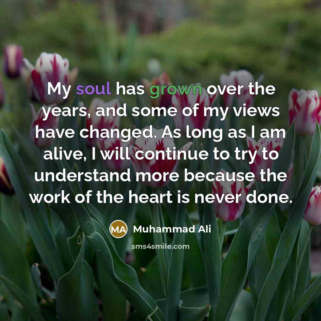 “My soul has grown over the years, and some of my views have changed. As long as I am alive, I will continue to try to understand more because the work of the heart is never done.” quote by Muhammad Ali