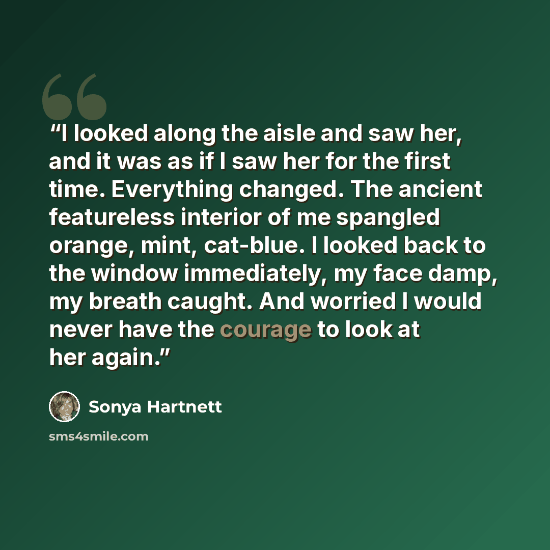 “I looked along the aisle and saw her, and it was as if I saw her for the first time. Everything changed. The ancient featureless interior of me spangled orange, mint, cat-blue. I looked back to the window immediately, my face damp, my breath caught. And worried I would never have the courage to…” quote by Sonya Hartnett