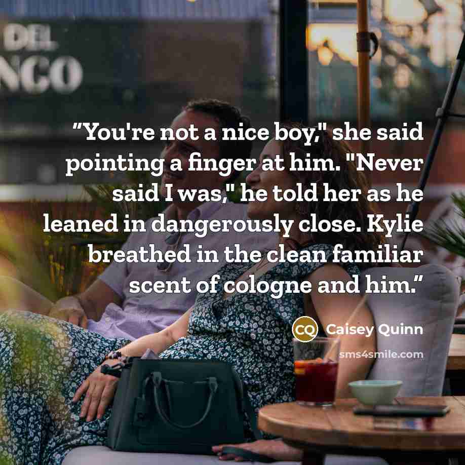 “You're not a nice boy," she said pointing a finger at him. "Never said I was," he told her as he leaned in dangerously close. Kylie breathed in the clean familiar scent of cologne and him.” quote by Caisey Quinn