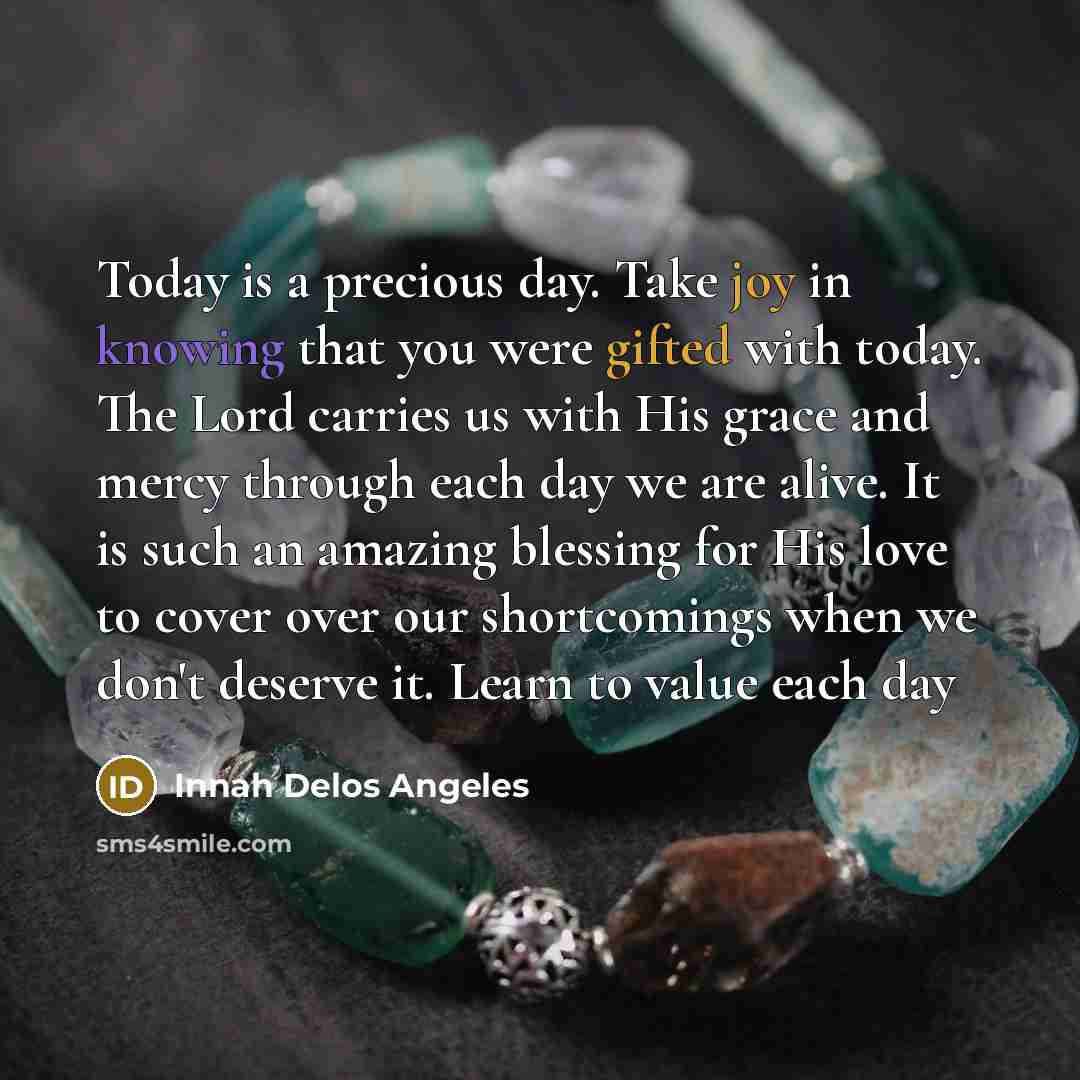 “Today is a precious day. Take joy in knowing that you were gifted with today. The Lord carries us with His grace and mercy through each day we are alive. It is such an amazing blessing for His love to cover over our shortcomings when we don't deserve it. Learn to value each day” quote by Innah Delos Angeles